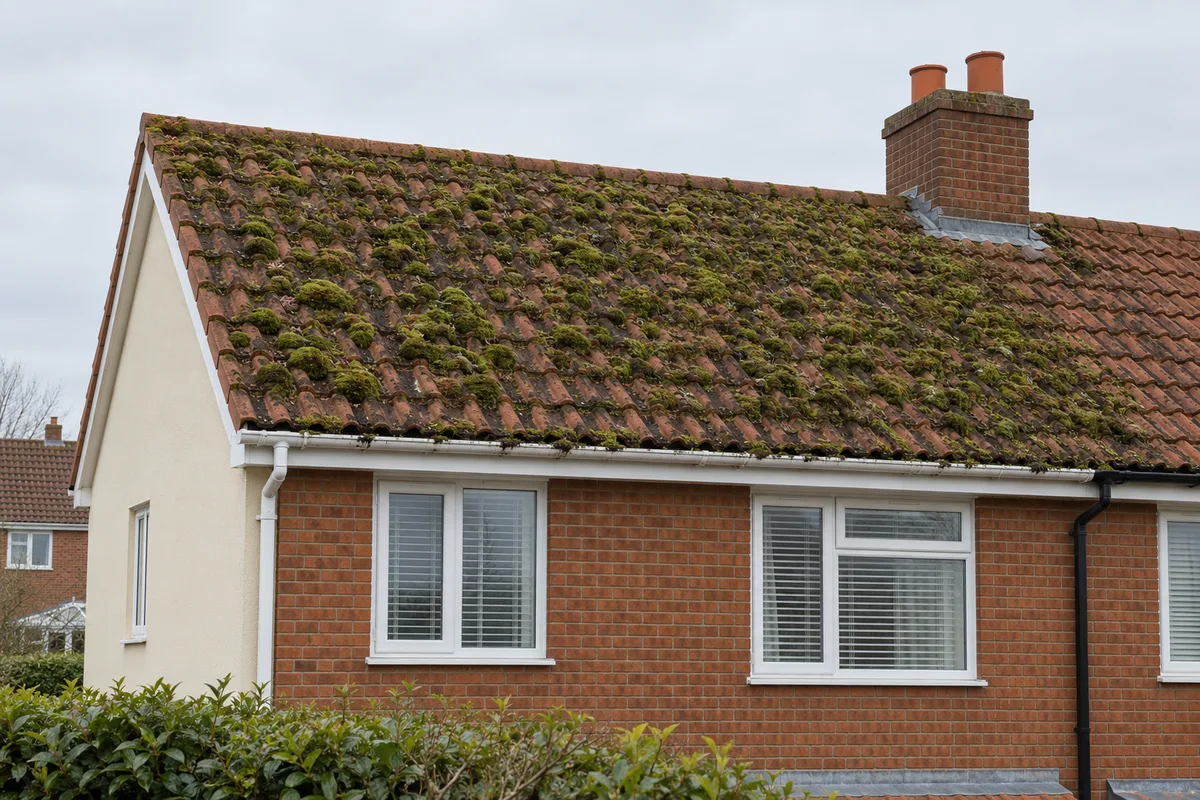 Pantile roof before cleaning, thick moss and black streaking