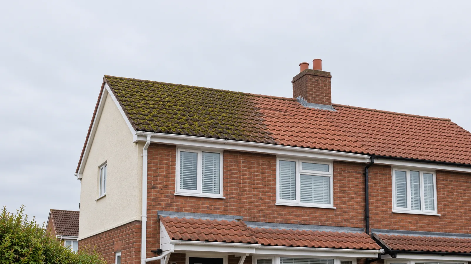Clay pantile roof half cleaned of moss, Lincolnshire