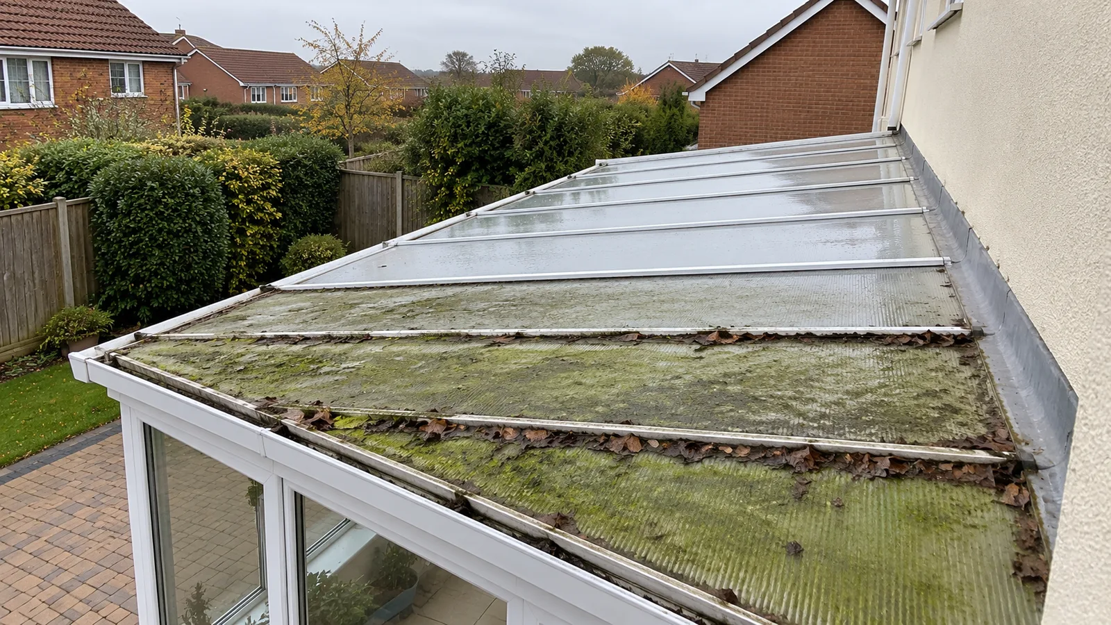 Lean to conservatory roof, near half green with algae and far half clear and wet