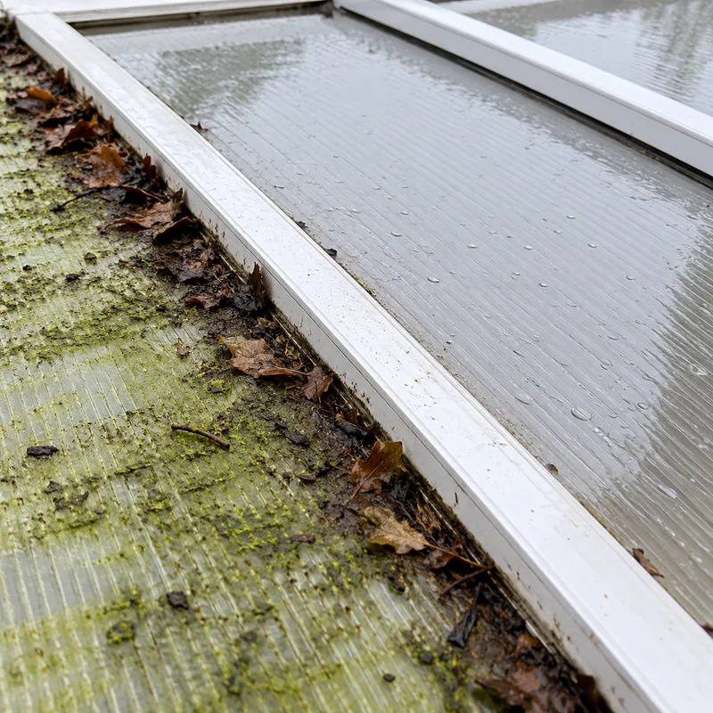 Leaf silt banked in the glazing bars of a conservatory roof