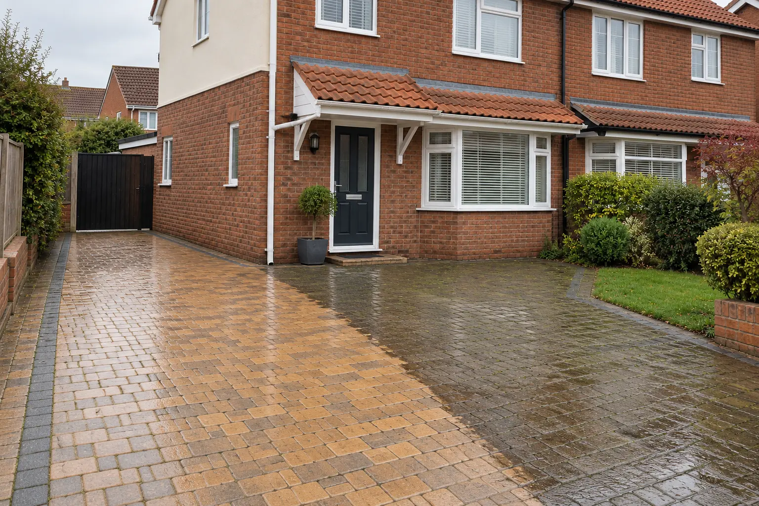 Block paved driveway mid clean, buff block beside algae stained block