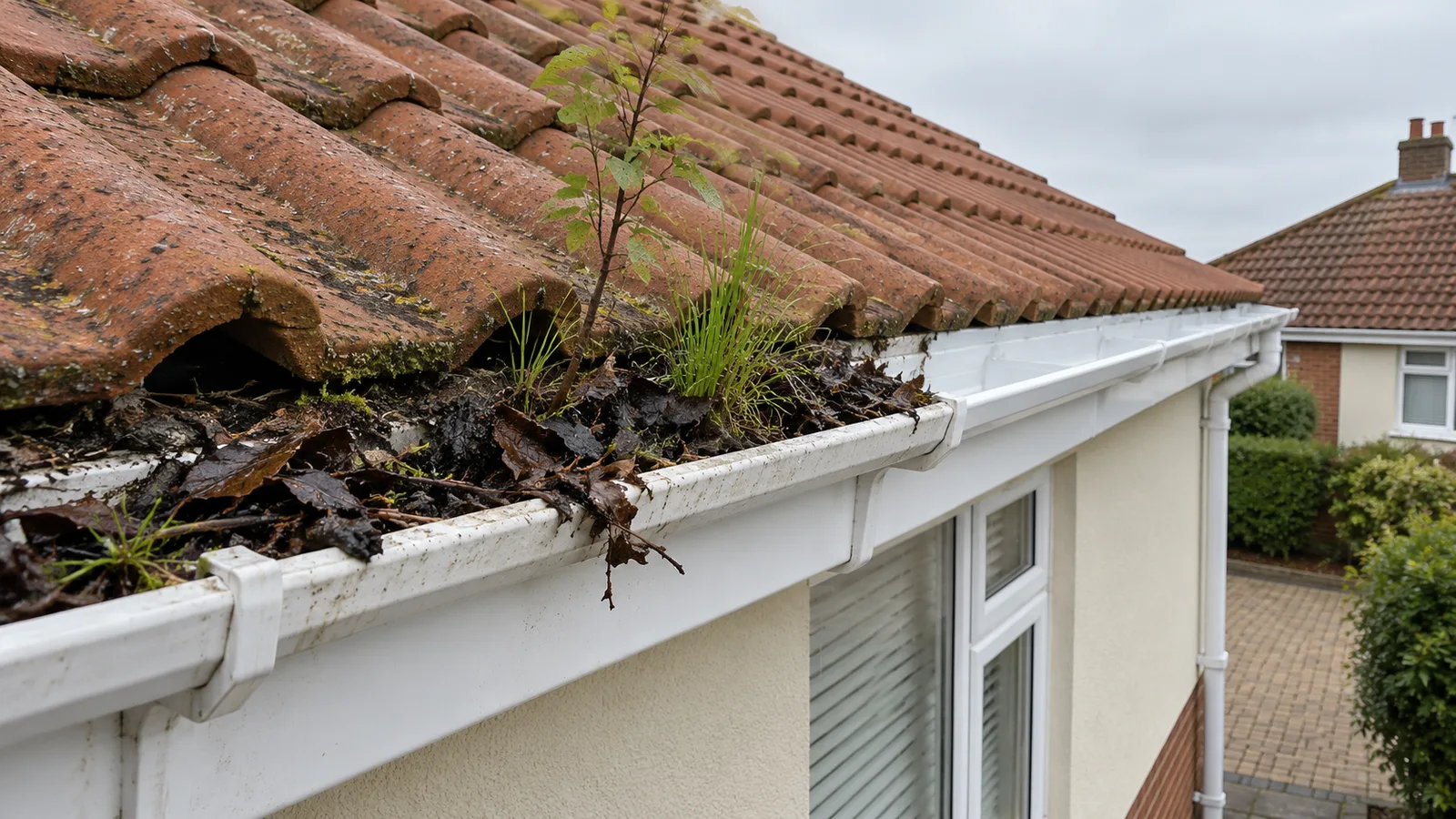 White uPVC gutter at eaves level, one span full of leaf silt and the next span clean