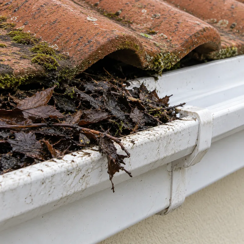 Green staining down a white uPVC fascia below a gutter joint
