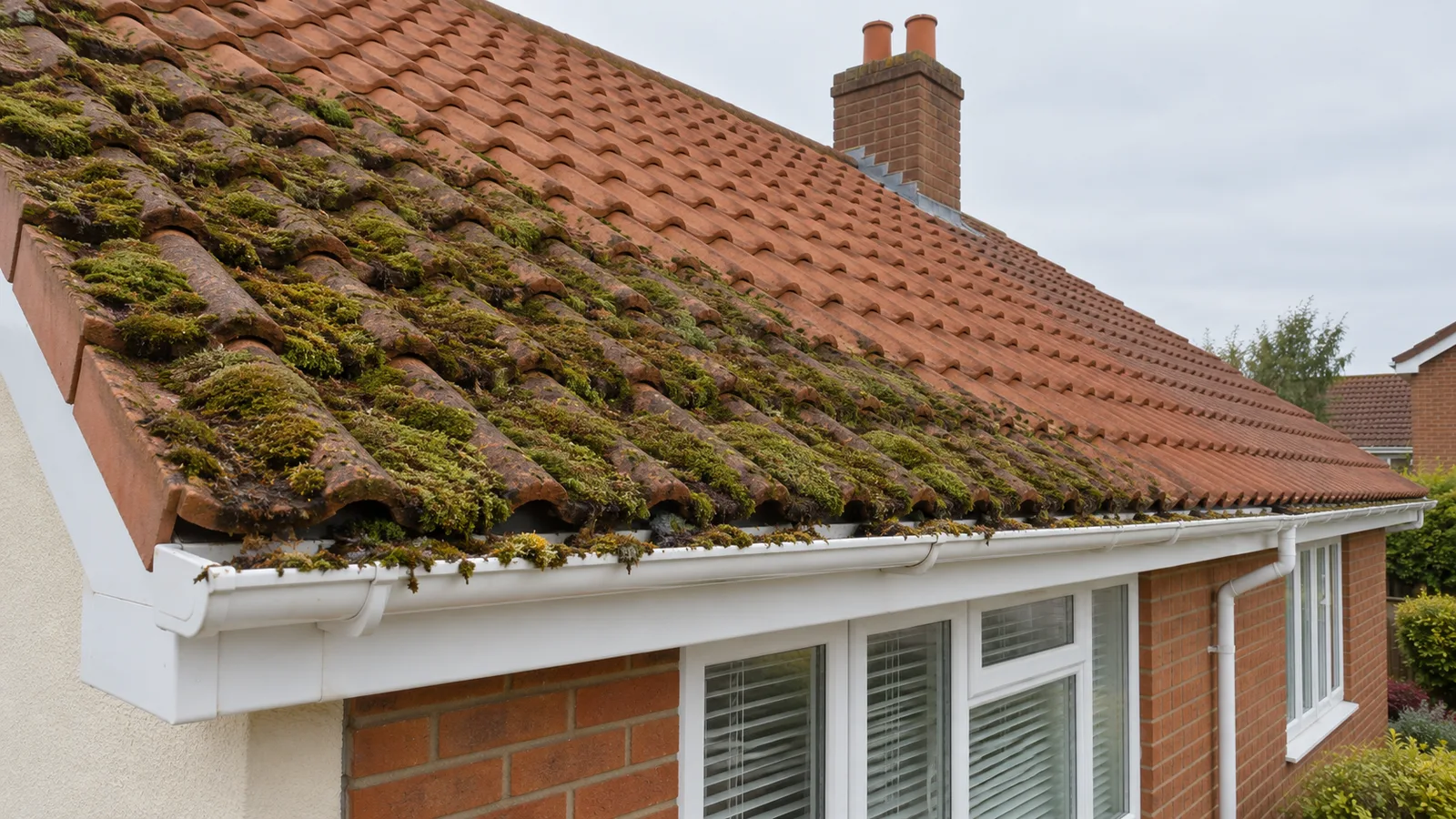 Clay pantile roof half cleaned of moss, Lincolnshire