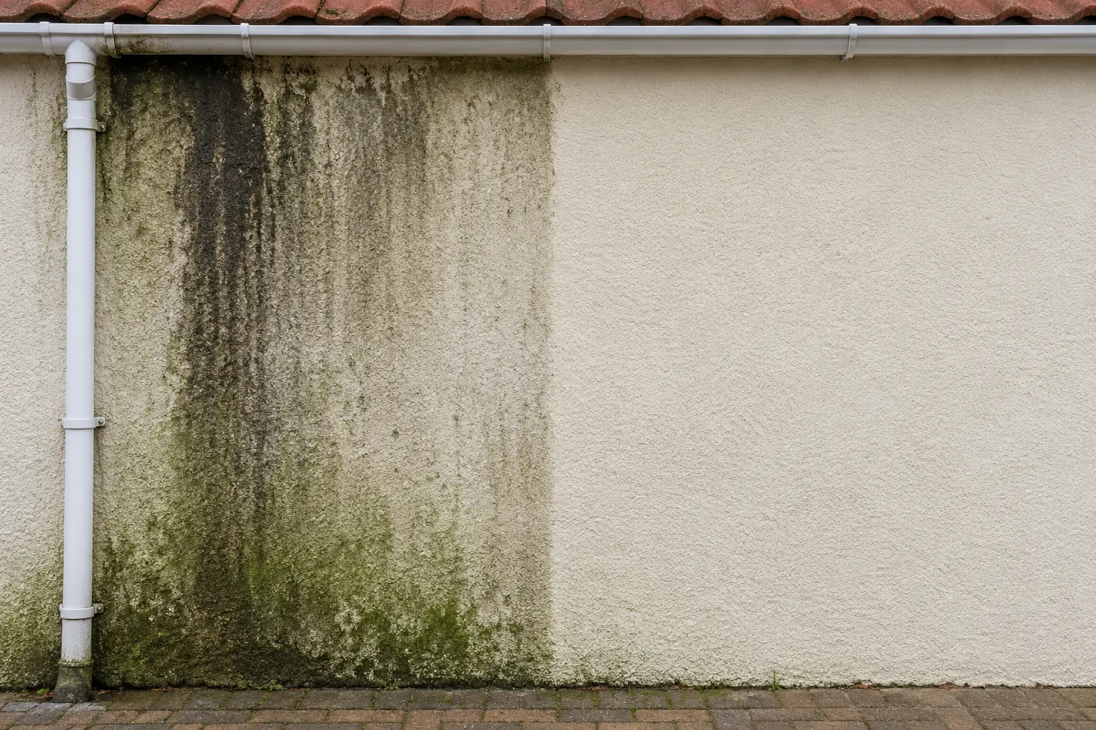 Cream rendered gable wall, black algae streak on one half and clean render on the other
