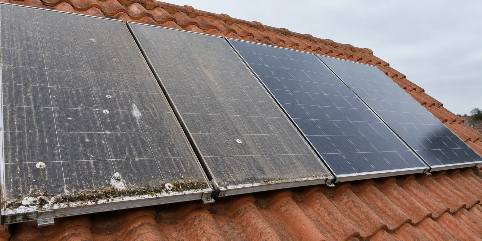 Roof-mounted solar panels, two dulled with grime and two clean, on a pantile roof