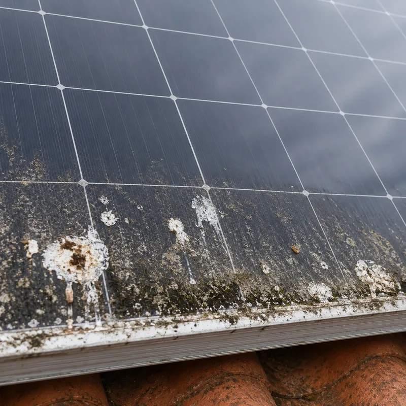 Lower frame edge of a solar panel with bird droppings along it