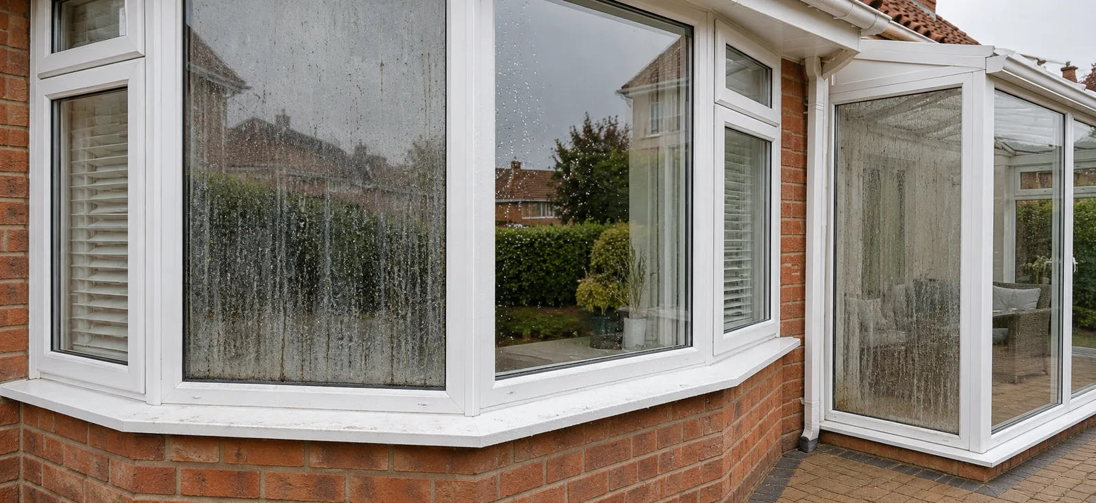 Bay window with one pane streaked with grime and one cleaned clear