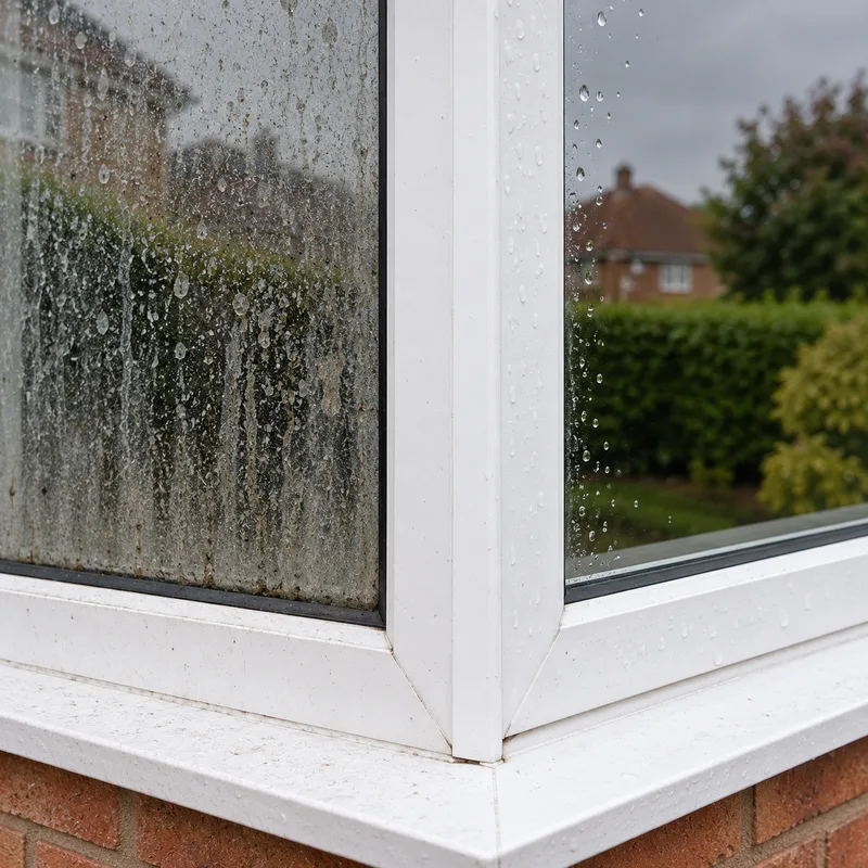 Water beading on a white uPVC window frame after a pure water clean