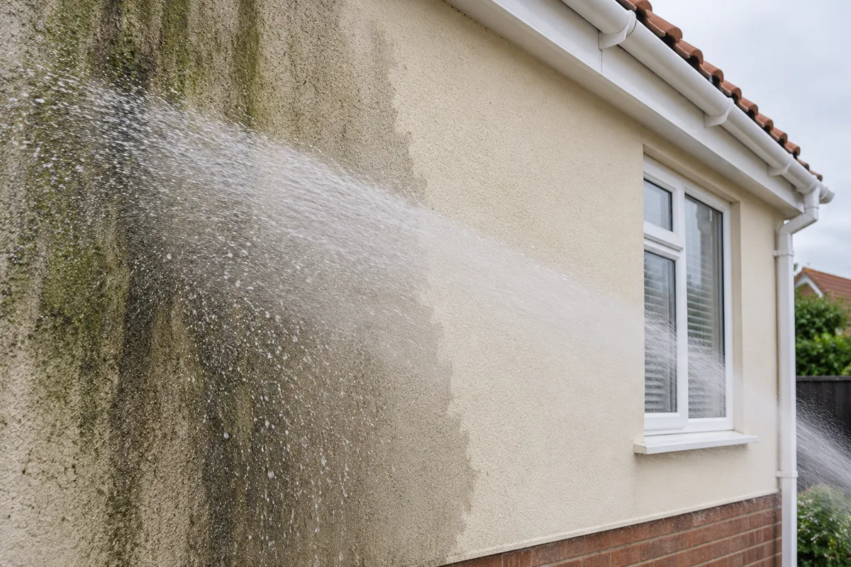 Cream render with black algae run-off below a downpipe on one half